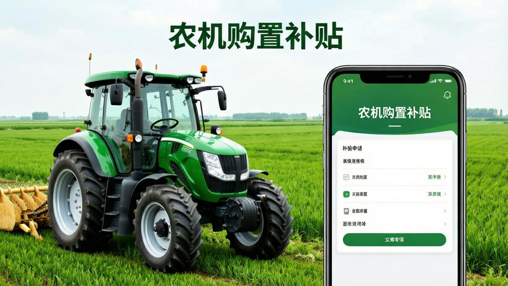 农机购置补贴软件主界面预览图,展示一台现代拖拉机与手机屏幕中的补贴申请界面,背景为绿色田野,界面简洁清晰,配有“农机购置补贴”文字,风格写实明亮,画质高清干净,无多余元素