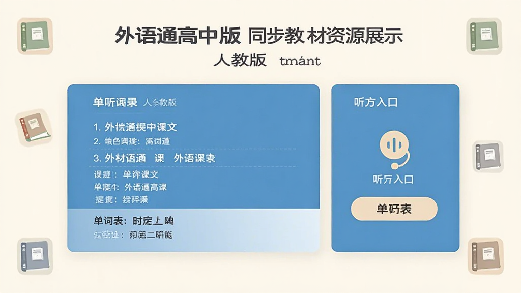 外语通高中版同步教材资源展示图,展示人教版的单元列表,界面包含课文标题、单词表和听力入口,风格简约,以米白色为背景,书籍图标点缀,排版清晰,画质柔和。