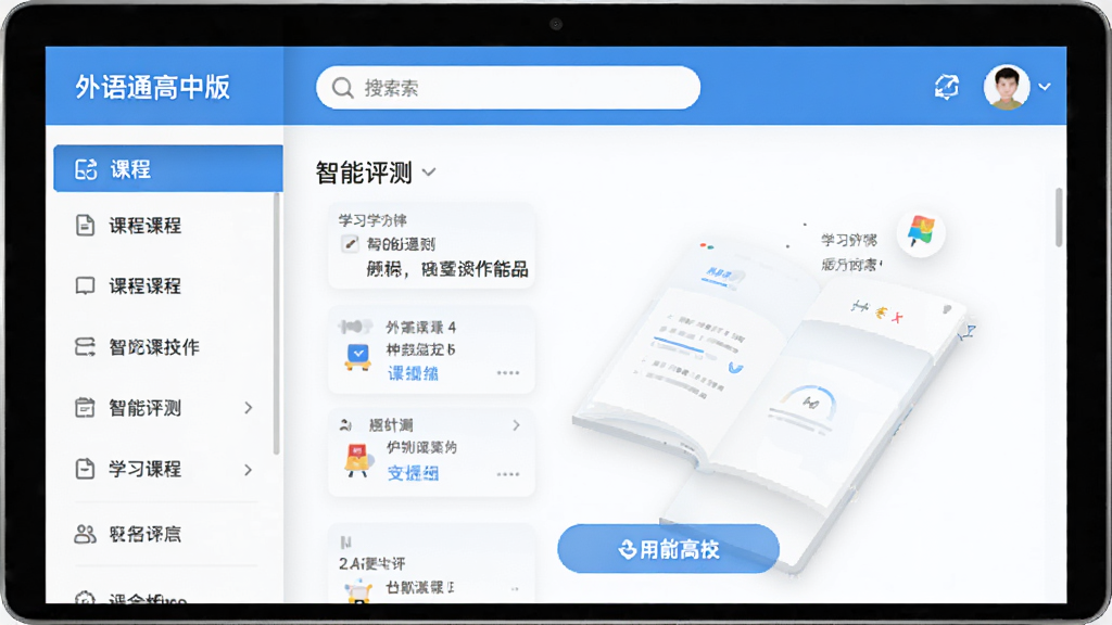 外语通高中版软件主界面预览图,展示课程列表和智能评测功能,界面风格简洁清新,以蓝色和白色为主色调,布局规整,左侧为课程导航,右侧为学习内容展示区,顶部有搜索框和用户头像,整体画质清晰,干净无多余元素。