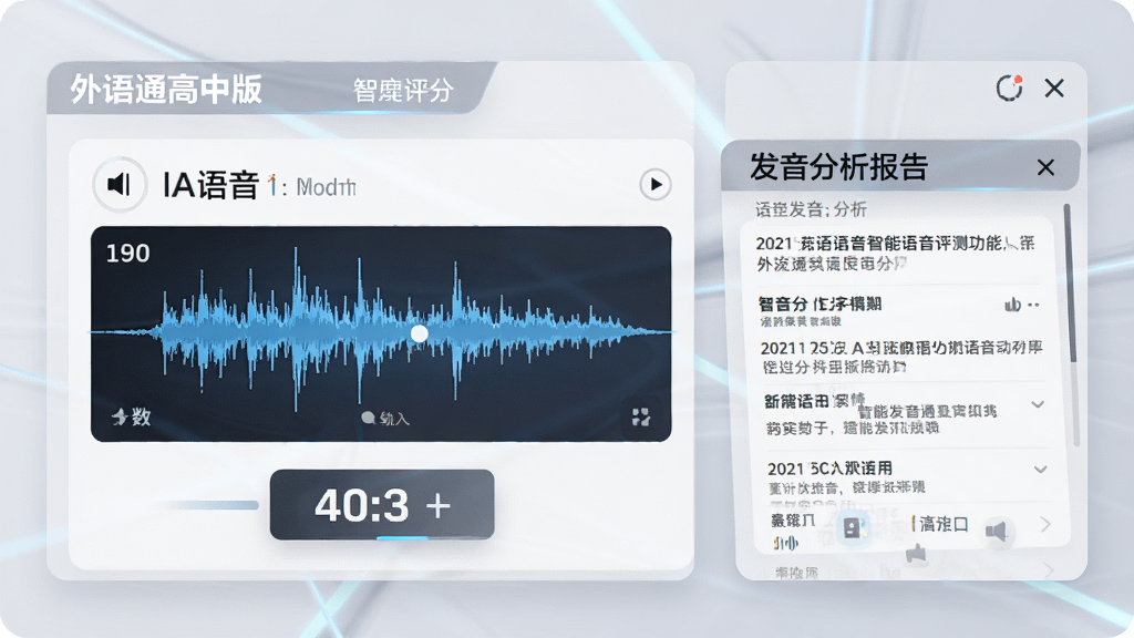 外语通高中版智能语音评测功能截图,显示单词发音评分界面,波形图与分数标注清晰,界面设计科技感十足,背景为浅灰色,卡片式布局,右侧有详细发音分析报告,画质干净,无多余元素。
