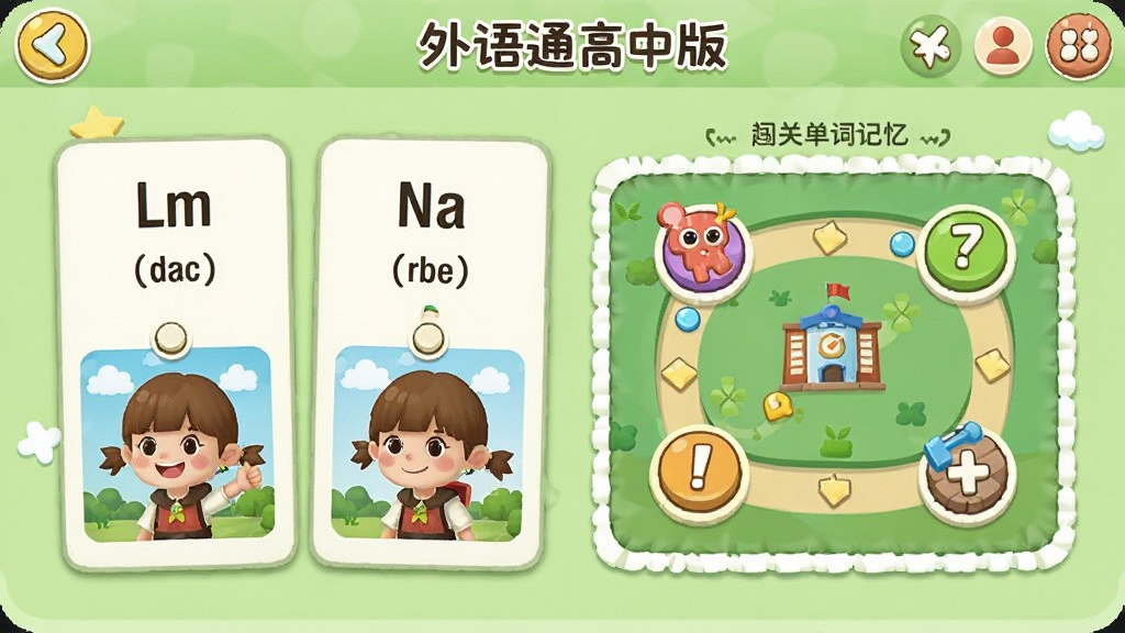 外语通高中版趣味单词记忆界面,展示单词卡片和闯关地图,卡片上有单词、音标和图片,地图上分布着关卡节点,背景为淡绿色,卡通风格,画面活泼,画质清晰。