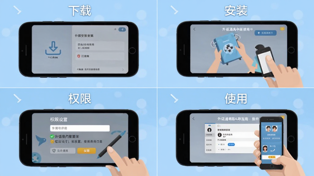 外语通高中版使用指南图,展示手机安装步骤和权限设置界面,画面分为四格,分别标注“下载”、“安装”、“权限”、“使用”,背景为浅蓝色,扁平化风格,画质清晰。