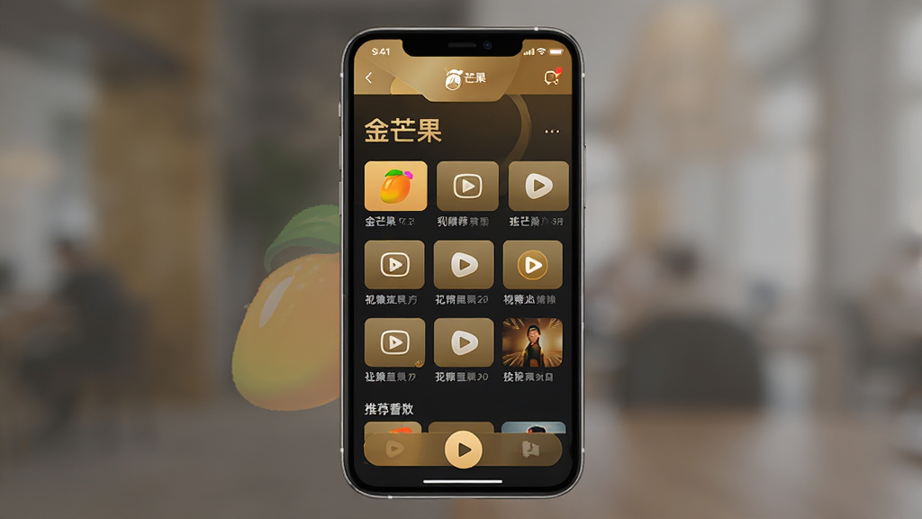 主体为一部亮着屏幕的智能手机,屏幕上显示“金芒果”APP的首页界面,界面中有清晰的视频分类图标和推荐位;布局采用手机居中、背景虚化的方式,突出屏幕内容;排版上界面元素整齐排列,色彩以金色和深色为主,风格现代简约,细节包括屏幕上的芒果形状logo和播放按钮;画质高清、干净,无多余元素。