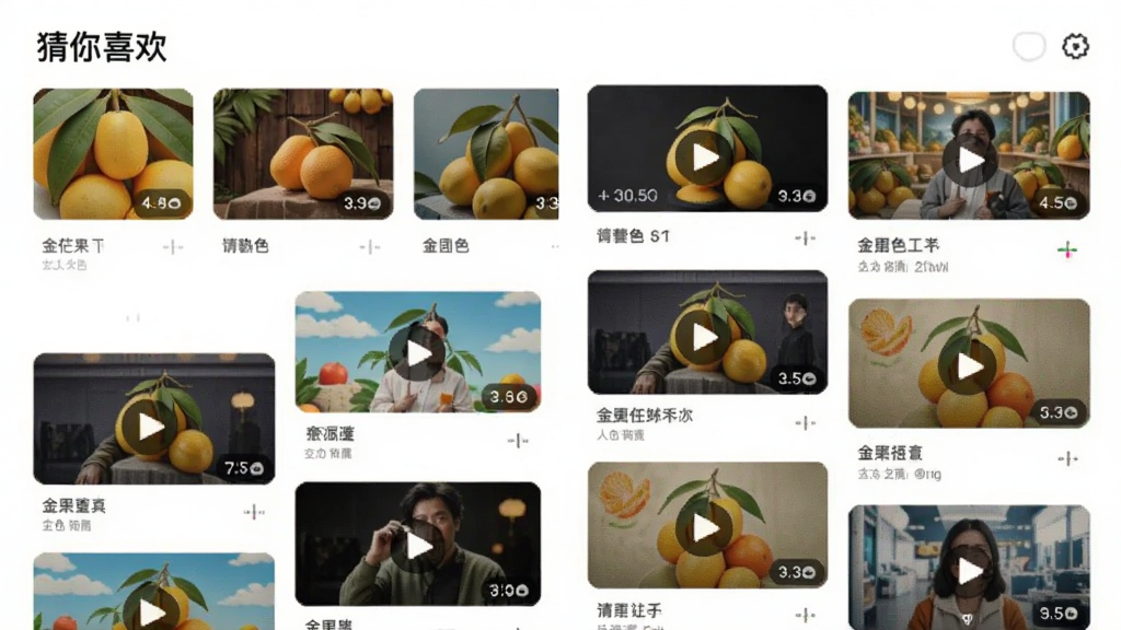 主体为金芒果APP的推荐页面,页面顶部有“猜你喜欢”栏目,下方以瀑布流形式展示多个视频封面缩略图;布局采用左右滑动卡片式设计,排版错落有致;风格清新活泼,细节上每个卡片都标注了热度值,封面图风格多样;画质干净清晰,无多余元素。