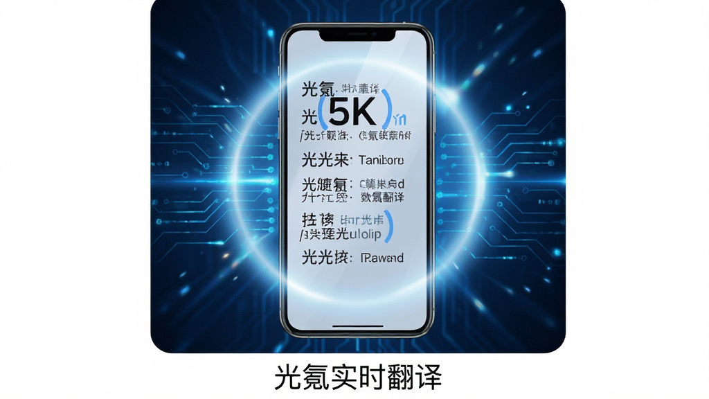 主体:一部智能手机屏幕被光晕覆盖,屏幕上有中英文字符对照翻译,背景为科技感蓝色光效。布局:手机居中,四周留白,下方有“光氪实时翻译”字样。排版:简洁,突出手机和光效。风格:现代科技风,高光泽。细节:光效细腻,文字清晰。画质:4K高清,干净,无多余元素