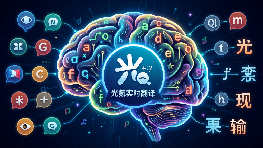 主体:抽象化的AI大脑与多国语言字母交织,中心为“光氪实时翻译”Logo。布局:左右对称,左侧为语言输入符号,右侧为中文输出符号。排版:层次分明,突出AI智能感。风格:科技插画风,色彩明亮。细节:大脑电路纹理,语言符号发光。画质:高分辨率,干净,无多余元素