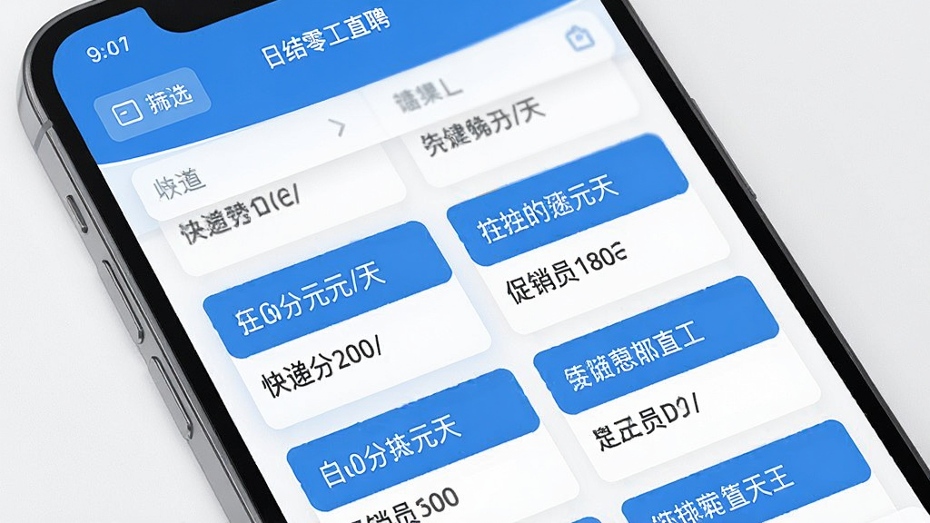 画面主体为手机应用列表页,展示“日结零工直聘”中多个岗位卡片,包含“快递分拣200元/天”、“促销员180元/天”等标签,左上角有筛选按钮,整体排版清晰,扁平化UI风格,蓝白配色,画质干净,细节精致