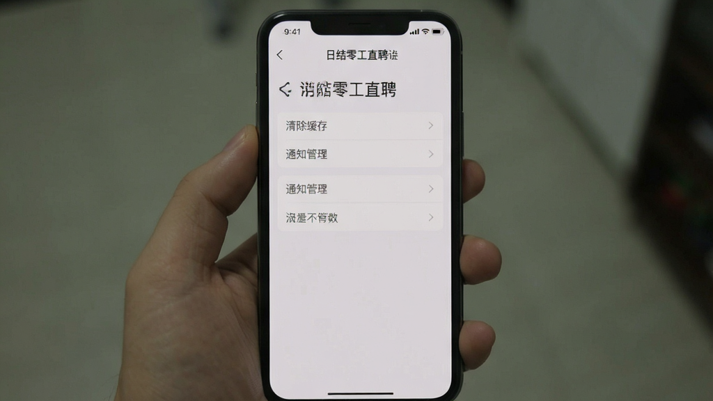 画面主体为手机教程截图,展示“日结零工直聘”设置页面,包含“清除缓存”、“通知管理”等选项,背景为浅灰色,布局简洁,风格写实,画质清晰,干净无多余元素