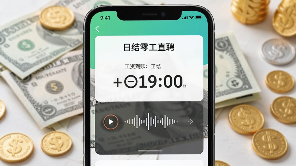 画面主体为手机支付成功界面,显示“日结零工直聘”工资到账通知,金额数字醒目,背景有现金与硬币元素,布局居中,风格写实与UI结合,色彩明亮,细节包括到账提示音波形,画质清晰,无多余元素
