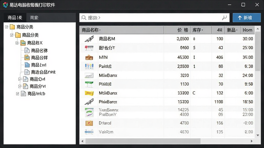 易达电脑收银票据打印软件商品管理界面截图,左侧是商品分类树,右侧是商品列表表格,展示商品名称、价格、库存数量,顶部有搜索框和新增按钮,风格简洁商务,界面清晰,画质干净,无多余元素