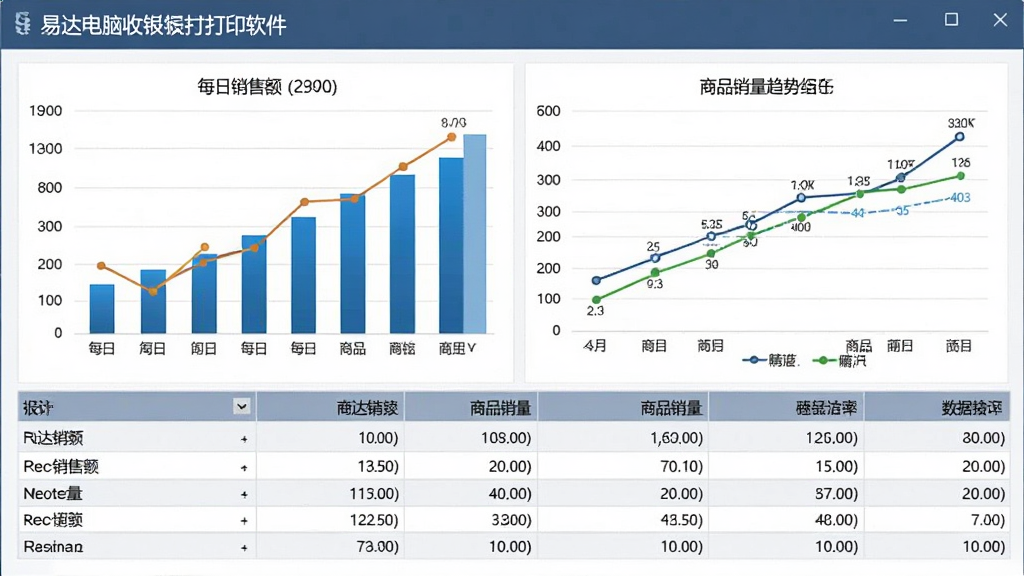 易达电脑收银票据打印软件销售报表界面,屏幕上是柱状图和折线图,展示每日销售额和商品销量趋势,下方是数据表格,整体风格商务简洁,图表清晰,画质干净,无多余元素