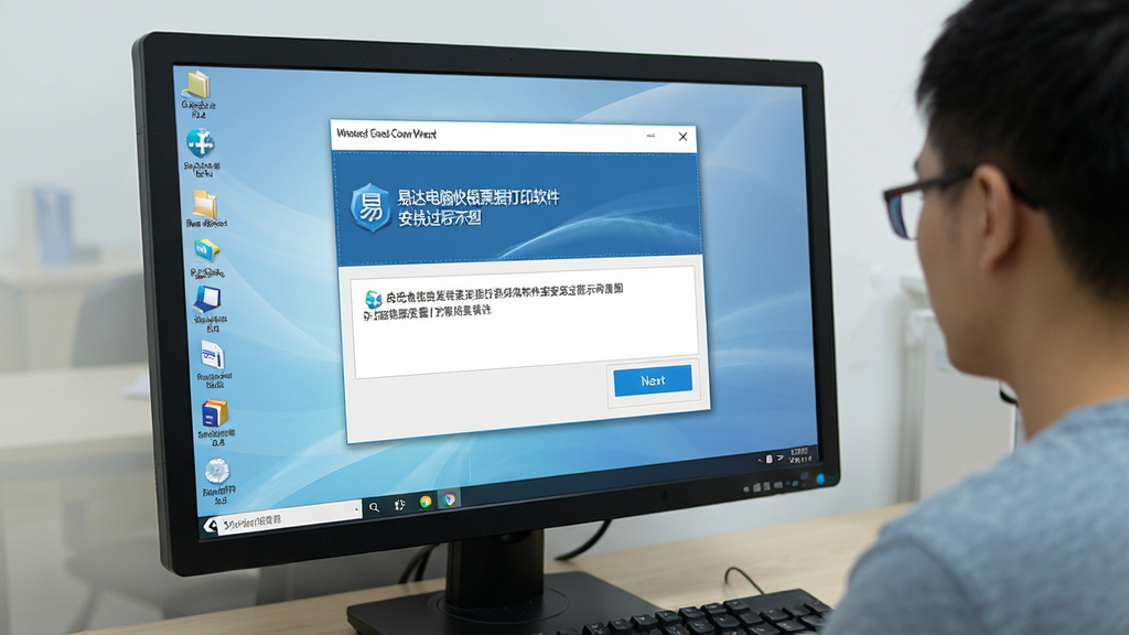 易达电脑收银票据打印软件安装过程示意图,电脑屏幕上显示安装向导界面,用户点击下一步按钮,背景是电脑桌面,风格写实,画质干净,无多余元素