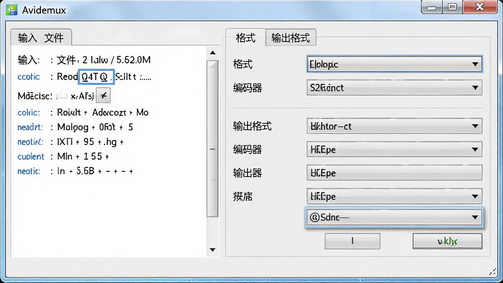 主体:Avidemux软件中格式转换的界面,显示输入文件信息和输出格式选择下拉菜单。布局:左侧为文件信息栏,右侧为输出设置区域。排版:选项排列整齐,有“格式”和“编码器”标签。风格:清晰的软件截图风格,界面明亮。画质:高清,细节清晰。文字:界面显示“Avidemux”和“输出格式”字样。