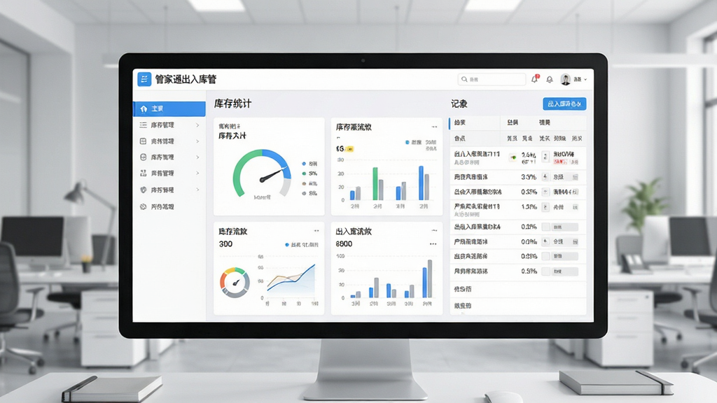 一张展示管家通出入库管理软件主界面的高清图片,画面中央是简洁明亮的库存统计仪表盘,左侧为功能导航栏,右侧为出入库流水记录表格,背景为干净的浅灰色办公室环境,整体风格商务简约,界面文字清晰可读,画质干净无多余元素
