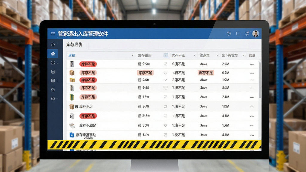一张展示管家通出入库管理软件库存预警功能的截图,画面中一个仓库货架背景,前景是电脑屏幕上的库存列表,其中某几项商品标有红色“库存不足”标签,屏幕下方有黄色警示条,整体风格写实清晰,突出预警提示效果,画质干净无多余元素