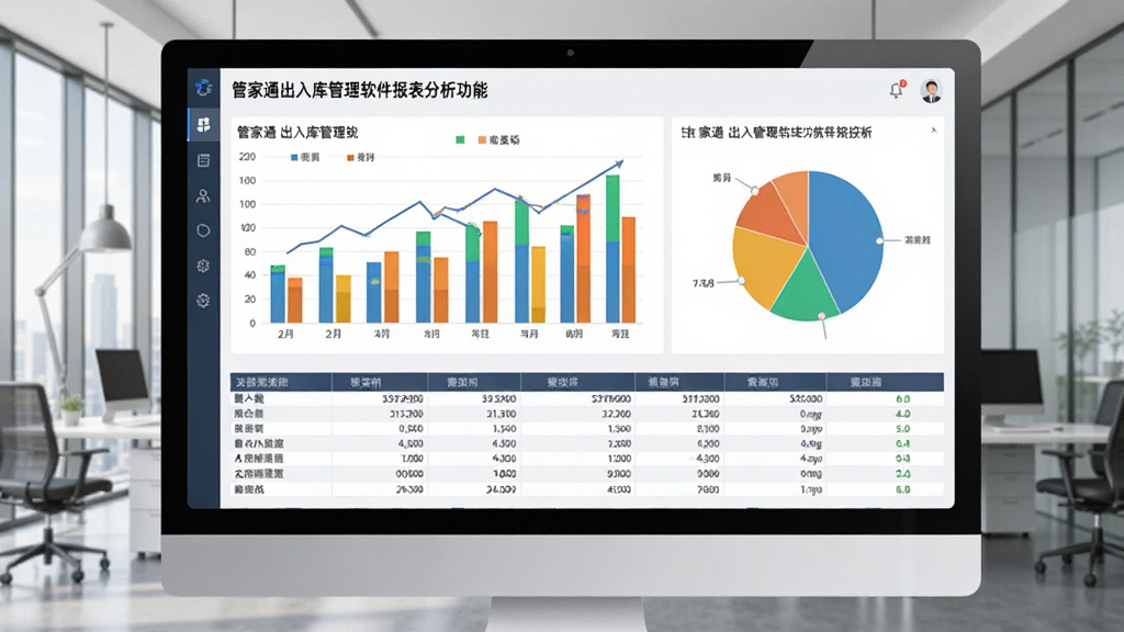一张展示管家通出入库管理软件报表分析功能的图片,画面中屏幕上是彩色柱状图和饼图,下方有数据表格,背景为现代办公室,整体风格专业商务,色彩鲜明,图表数据清晰可见,画质干净无多余元素