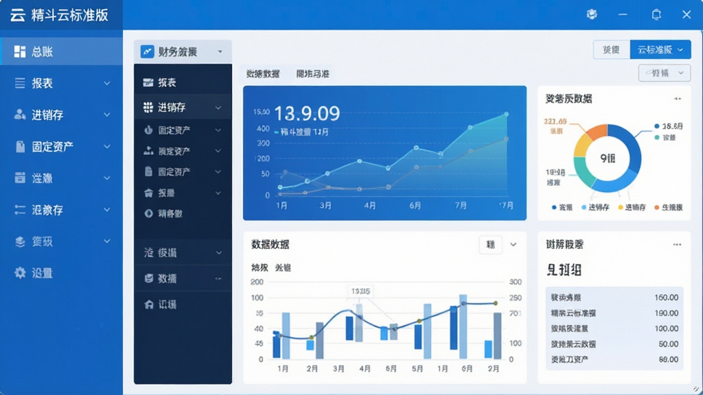 一张展示精斗云标准版软件主界面的高清截图,界面左侧为功能导航栏,包含总账、报表、进销存、固定资产等模块,中央区域显示财务数据仪表盘,图表清晰,整体风格简洁商务,色彩以蓝色和白色为主,布局规整,画质干净,无多余元素,文字标注“精斗云标准版”