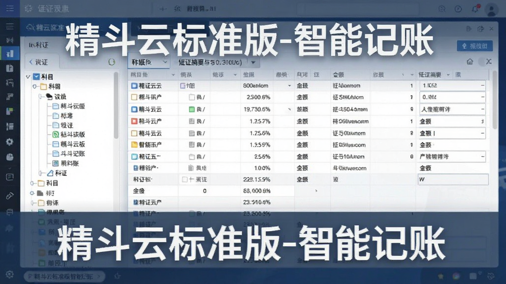 展示精斗云标准版财务模块的操作界面,画面中央为凭证列表页面,左侧为科目树,右侧为凭证摘要与金额字段,界面清晰,数据表格整齐,风格专业,文字标注“精斗云标准版-智能记账”