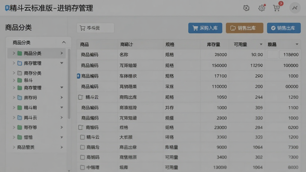 展示精斗云标准版进销存模块的库存管理界面,左侧为商品分类列表,右侧为库存明细表,包含商品编码、名称、规格、库存量、可用量等字段,顶部有采购入库、销售出库等按钮,界面数据清晰,风格简约,文字标注“精斗云标准版-进销存管理”