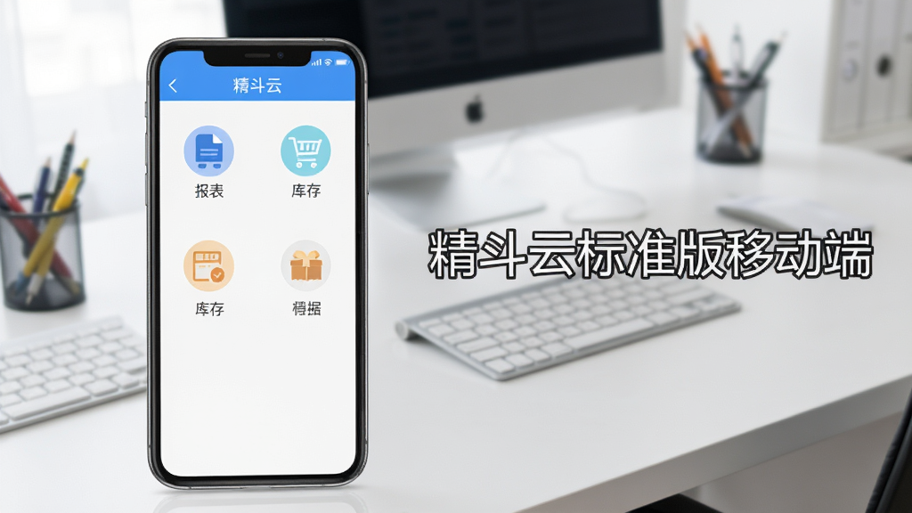 展示精斗云标准版在手机上的运行界面,手机屏幕中显示软件主菜单,包含报表、库存、单据等图标,背景为简洁的办公桌面,画面清晰,风格现代,文字标注“精斗云标准版移动端”