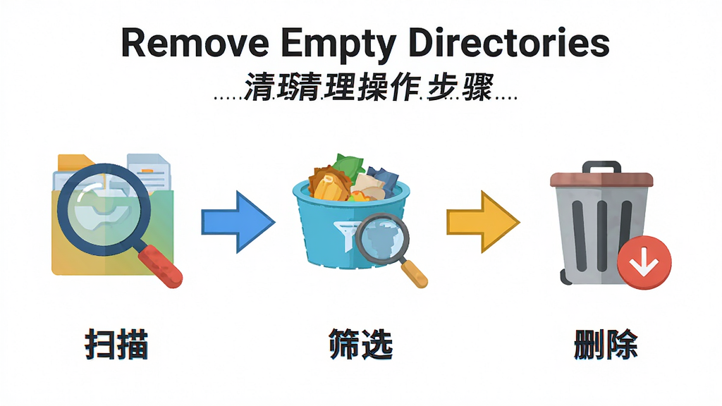 主体:Remove Empty Directories 软件清理操作步骤示意。布局:从左到右展示扫描、筛选、删除三个步骤。排版:步骤间用箭头连接,每个步骤有图标和文字说明。风格:扁平化插画,色彩明快。细节:扫描图标为放大镜,删除图标为垃圾桶。画质:高清,干净,无多余元素。