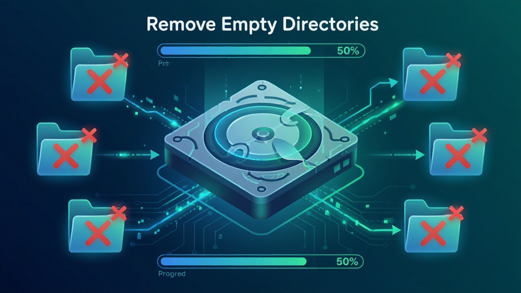 主体:Remove Empty Directories 的深度扫描过程示意图。布局:画面中央为硬盘扫描动画,周围分布着被标记的空文件夹图标。排版:动态效果,有进度条和百分比显示。风格:科技感插画,蓝绿渐变色调。细节:扫描路径高亮显示,空文件夹被红色叉号标记。画质:高分辨率,干净,无多余元素。