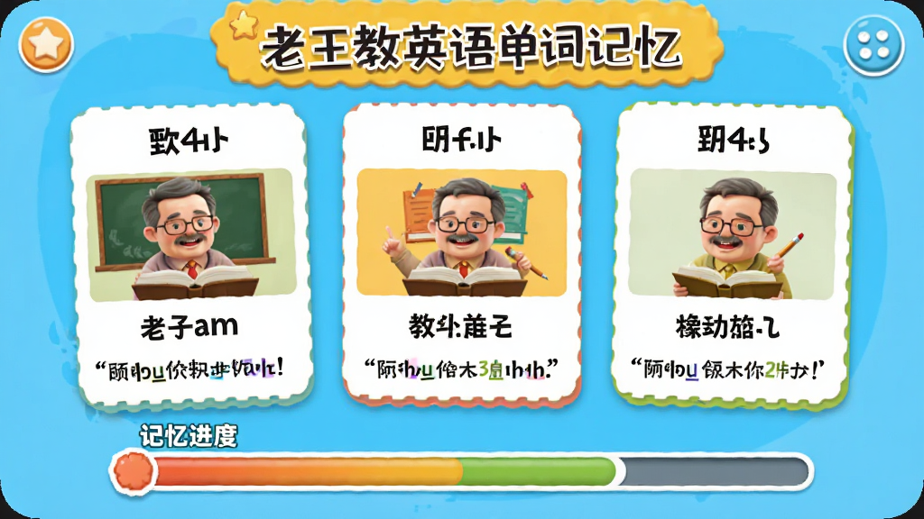 ������Ӣ�ﵥ�ʼ���ҳ�棬չʾ���ʿ�Ƭ������ͼƬ�����䣬�·��м����������������ƻ��ã�ɫ�ʷḻ�����ʸɾ����޶���Ԫ��