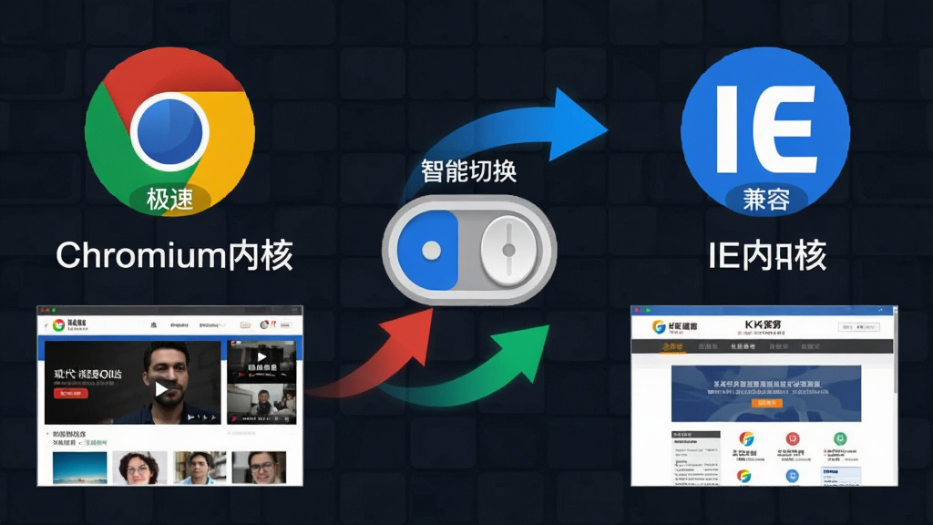 主体:小K浏览器双核切换功能示意图。布局:左侧显示Chromium内核标识,右侧显示IE内核标识,中间为智能切换开关,下方分别展示一个现代视频网站和一个老旧政务网页的缩略图。排版:左右对称,中间用动态箭头连接。风格:扁平化插画风格,色彩鲜明。细节:内核标识上有“极速”和“兼容”字样,背景有细微的网格纹路。画质:清晰矢量图,干净,无多余元素。