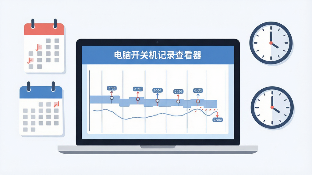 主体为笔记本电脑屏幕中展示时间轴图表,屏幕上显示“电脑开关机记录查看器”字样,布局为电脑居中,左右两侧有日历与时钟图标环绕,排版简洁,风格为现代扁平化插画,细节突出时间点标记,画质高清干净,无多余元素