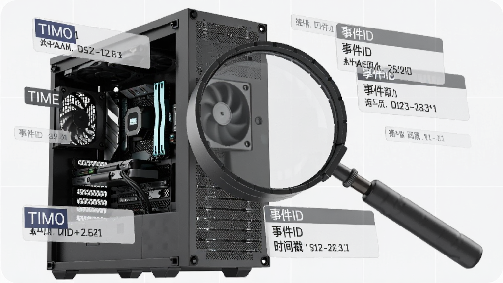 主体为放大镜正在扫描电脑主机,周围分散着时间标签与事件日志卡片,布局为左侧主机右侧放大镜,排版注重细节,风格为科技感3D渲染,细节包括“事件ID”、“时间戳”文字标注,画质精细干净,无多余元素