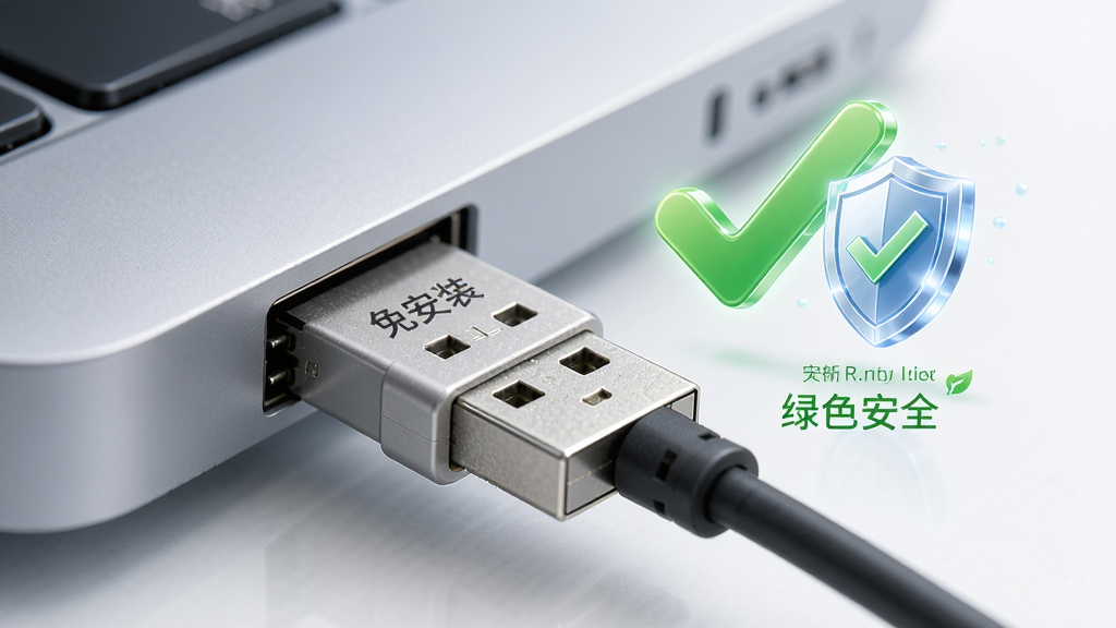 主体为U盘插入电脑USB接口,旁边漂浮着绿色对勾与盾牌图标,布局为U盘与电脑接口特写,排版简洁,风格为清新写实风,细节强调“免安装”、“绿色安全”文字,画质清晰通透,无多余元素