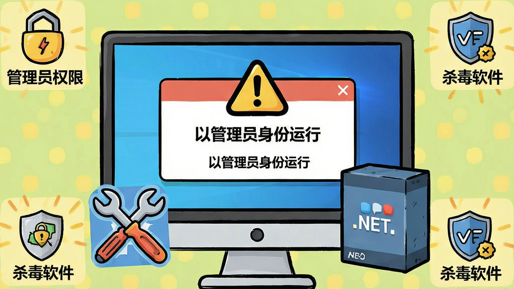 主体为电脑屏幕显示错误提示框,旁边有修复工具图标与.NET组件包,布局为屏幕居中,四周环绕“管理员权限”、“杀毒软件”图标,排版醒目,风格为卡通警示风格,细节包括“以管理员身份运行”字样,画质干净,无多余元素