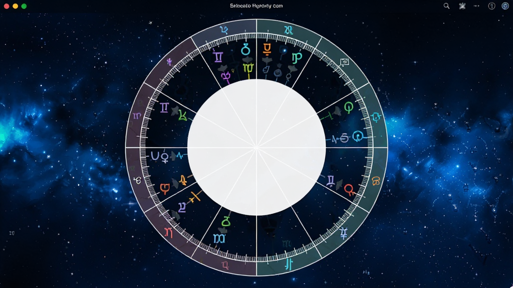 星盘数据软件主界面预览图,展示清晰的星盘圆形图表,行星符号与宫位线条用不同颜色标注,界面布局简洁专业,深蓝色星空背景,白色文字说明,整体风格科技感与神秘感结合,画质清晰干净,无多余元素
