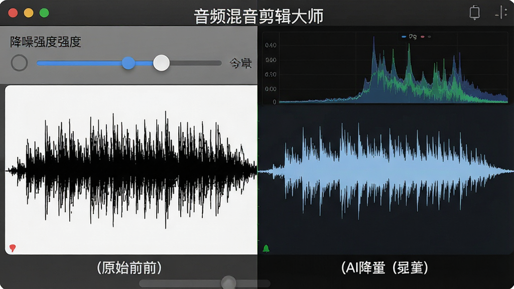一张对比图风格的“音频混音剪辑大师”软件预览图,左侧为带有明显噪声波纹的原始音频波形,右侧为经过AI降噪后平滑干净的波形,背景为软件操作界面局部,包含降噪强度调节滑块和频谱图,整体风格简洁明了,强调降噪前后的效果对比,画质清晰,干净无多余元素。