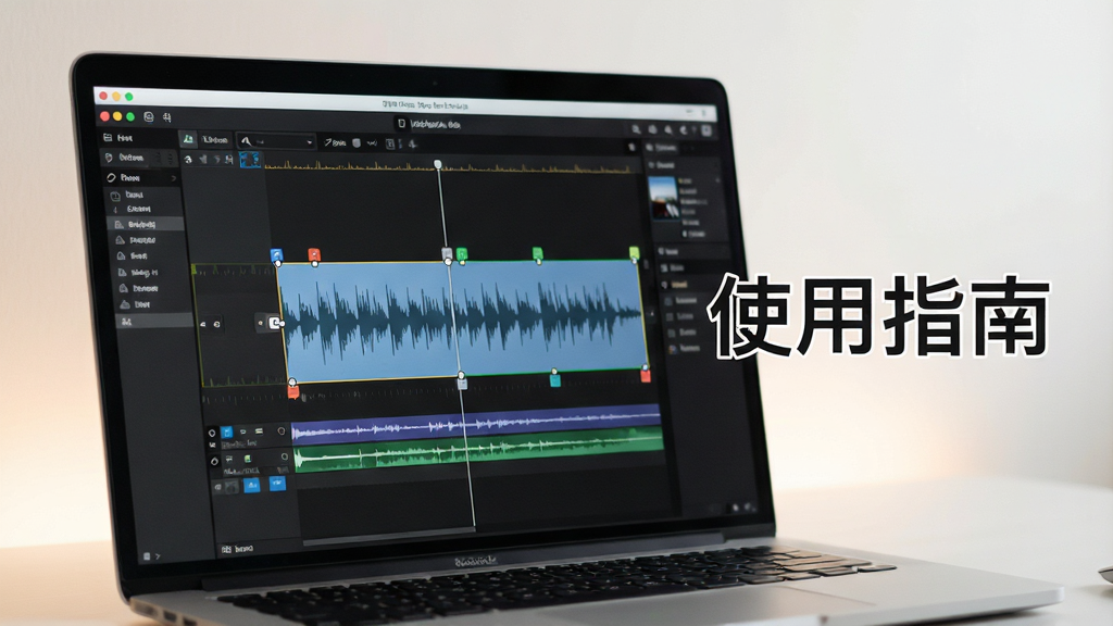 一张“音频混音剪辑大师”软件使用教程截图风格图片,背景为笔记本电脑屏幕显示软件编辑界面,屏幕上有一段波形被选中并带有标记点,旁边有文字“使用指南”字样,整体画面简洁,光线柔和,突出教程主题,画质清晰,干净无多余元素。