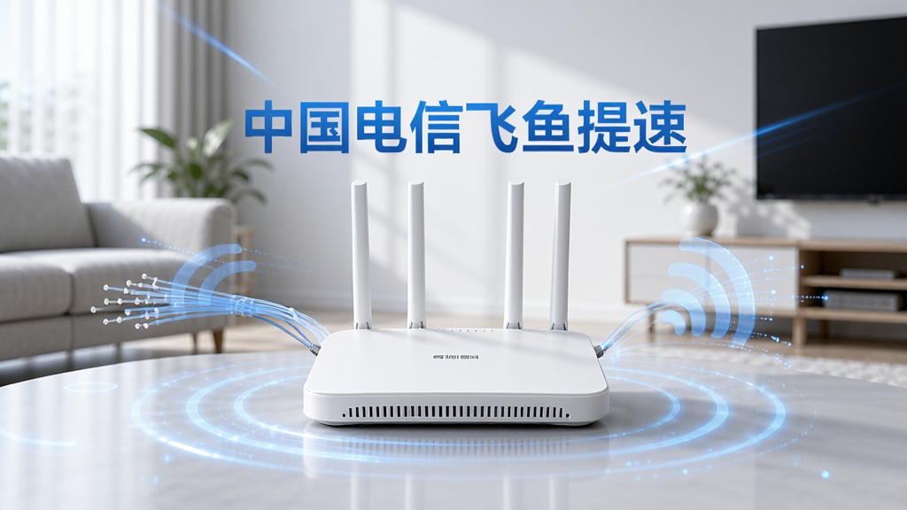 画面主体为一台现代简约风格的白色路由器居中放置,周围环绕着半透明的蓝色数据流与信号波纹,背景是干净明亮的客厅一角。画面布局采用中心对称构图,路由器上方悬浮着“中国电信飞鱼提速”的蓝色渐变字样。整体风格偏向科技感插画,细节处体现光纤线条与速度光效,画质高清通透,干净无多余元素。