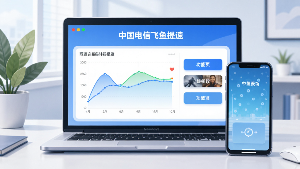 画面主体为笔记本电脑屏幕与手机并排摆放,屏幕中显示“中国电信飞鱼提速”的图表界面,左侧是网速实时曲线,右侧是功能按钮。桌面背景为整洁的办公桌,有绿植点缀。布局采用平视视角,画面均衡。风格为现代科技感插画,细节包括蓝色高光与柔和阴影,画质干净,无多余元素。