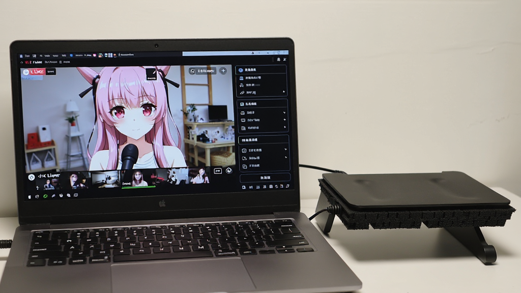 一张显示小K直播姬在笔记本电脑上运行的实拍照片,屏幕中可见直播画面和功能面板,旁边放着一个散热支架,整体光线明亮,细节清晰,画质干净,无多余元素