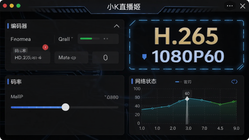 小K直播姬的推流设置界面,显示编码器选项、码率调节滑块和网络状态监控图表,背景为深色主题,高亮显示“H.265”和“1080P60”字样,整体风格科技感强,细节丰富,画质干净