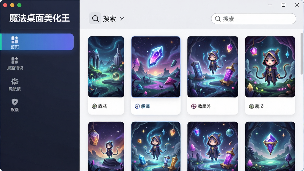 主体:魔法桌面美化王软件主界面,展示多款精美主题缩略图;布局:左侧功能栏,右侧主题展示区,顶部搜索框;排版:简洁明快,卡片式布局;风格:现代科技感,色彩鲜艳;细节:突出“魔法桌面美化王”字样,界面清晰,图标精致;画质:高清,干净,无多余元素