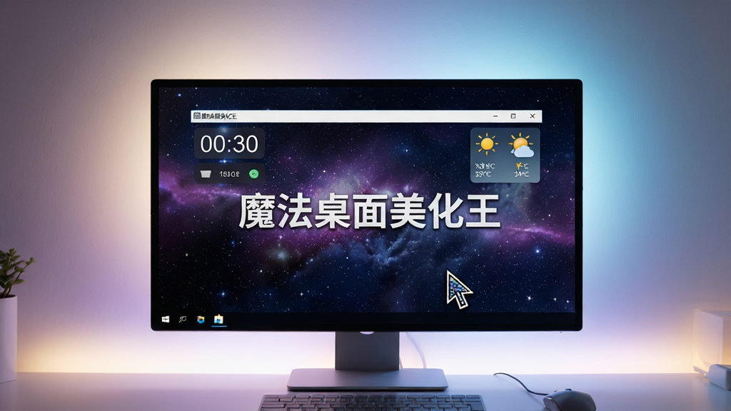 主体:魔法桌面美化王软件运行在电脑桌面上,桌面显示精美主题和插件;布局:电脑屏幕居中,周围有柔光背景;排版:屏幕展示软件主界面,清晰可见“魔法桌面美化王”字样;风格:写实,科技感;细节:屏幕内壁纸为星空风格,插件显示时间天气,鼠标指针为定制样式;画质:高清,干净,无多余元素