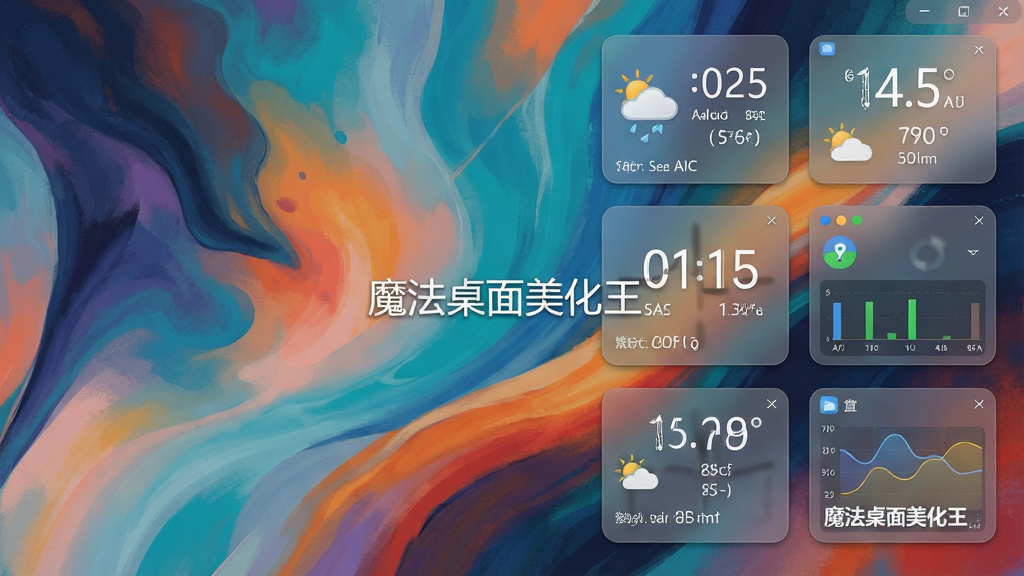 主体:魔法桌面美化王软件桌面插件效果展示,桌面上显示天气、时钟、系统监控等小工具;布局:插件分布在桌面右侧,壁纸为抽象艺术风格;排版:插件半透明,与背景融合;风格:科技感,现代感;细节:插件上显示具体时间、天气信息,有“魔法桌面美化王”水印;画质:高清,干净,无多余元素