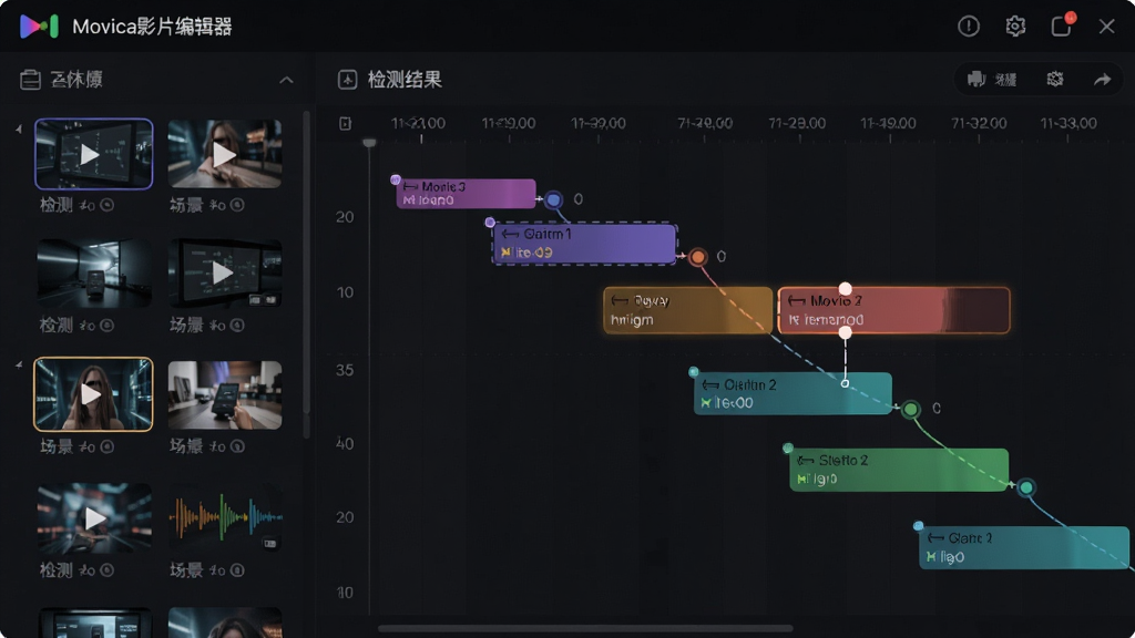 主体:“Movica影片编辑器”智能场景检测功能界面;布局:左侧素材缩略图列表,右侧检测结果时间线;排版:时间线上以不同颜色标记场景节点;风格:科技感,深色背景;细节:检测节点处有分割线,选中片段高亮显示;画质:高清,干净,无多余元素