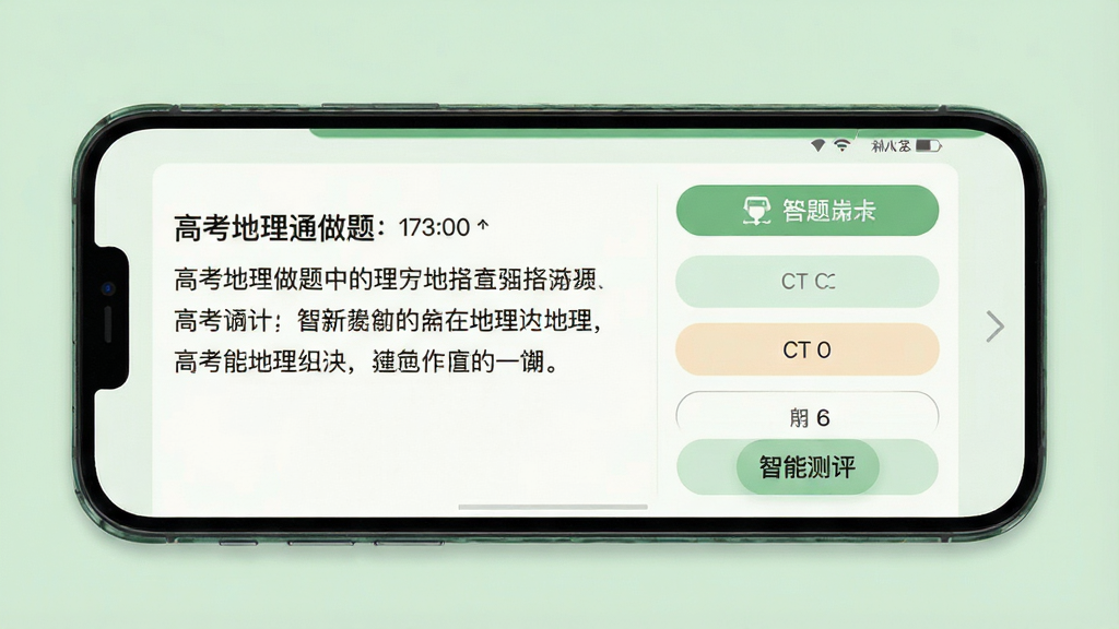 手机屏幕显示高考地理通做题界面,左侧是题目文字,右侧有选项按钮,顶部显示计时器和答题卡,下方有“智能测评”按钮,背景为淡绿色,界面干净整洁,画质高清,无多余元素