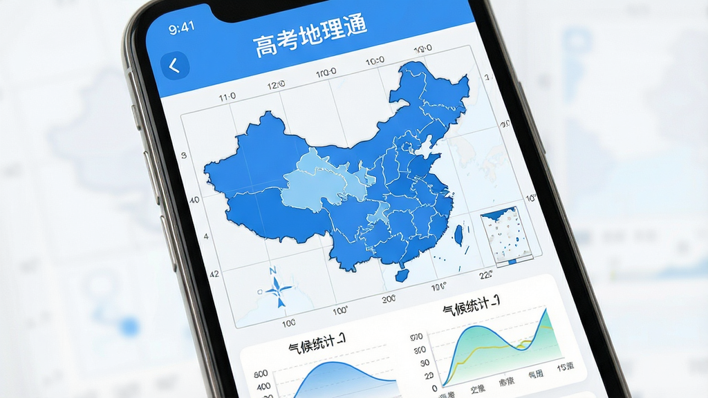 一张高清的智能手机屏幕展示高考地理通app主界面,界面包含中国地图轮廓、地理坐标网格、气候统计图表等元素,整体风格清新简洁,以蓝色和白色为主色调,图标圆润,布局整齐,画质干净,无多余元素,文字标注“高考地理通”