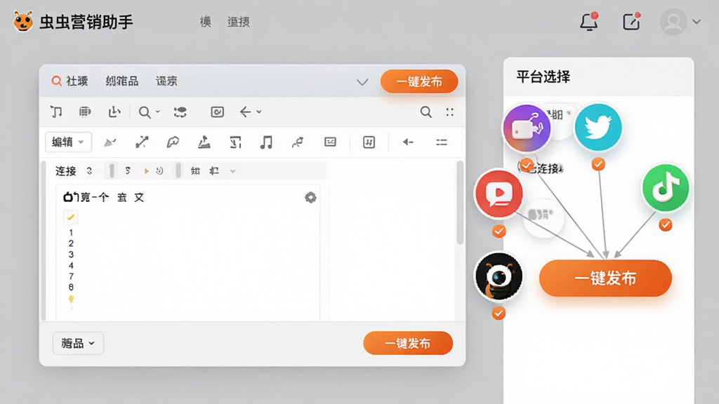 图片主体为“虫虫营销助手”的内容分发功能界面截图,中心是一个编辑窗口,右侧悬浮着多个知名社交平台的彩色圆形图标,图标间有连接线指向“一键发布”按钮。布局采用左右结构,左侧为富文本编辑区,右侧为平台选择面板。排版风格清晰有序,按钮使用醒目的渐变橙色。整体风格为现代UI设计,细节上每个平台图标下方有对勾标记,表示已连接。画质锐利,干净整洁,无多余元素。