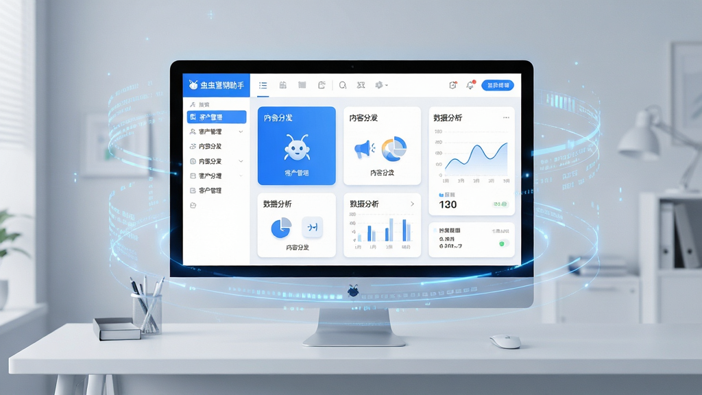 画面主体为“虫虫营销助手”软件主界面悬浮于现代简约的办公桌上方,界面显示清晰的数据看板与多功能模块图标。布局采用电脑屏幕居中,周围环绕轻盈的蓝色科技光效和数据流线条。排版上突出软件界面的层次感,顶部为工具栏,左侧为功能列表,右侧为内容预览区。整体风格为扁平化结合轻拟态,主色调为科技蓝与简洁白。细节上,屏幕中可辨认“客户管理”、“内容分发”、“数据分析”等字样。画质高清,干净无多余元素。
