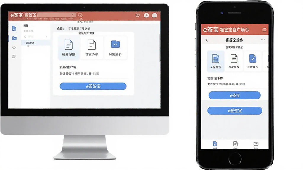 一张写实风格的电脑与手机并排展示的图片,主体为两台设备屏幕显示e签宝客户端操作界面,布局为左右对称,排版整洁,风格明亮清晰,细节包括界面上的蓝色按钮与文档图标,画质干净无多余元素