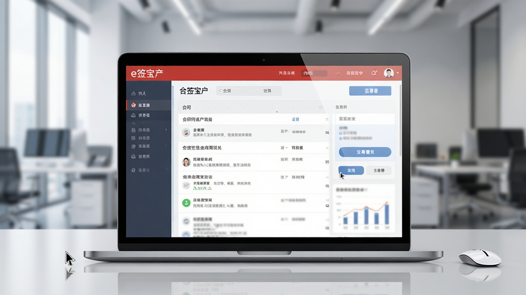 一张现代商务风格的宽幅产品预览图,主体为笔记本电脑屏幕上的e签宝客户端主界面,界面展示清晰的合同列表和签署功能按钮,背景为虚化的现代化办公室场景,布局简洁大气,排版突出软件界面,风格专业科技感,细节包括屏幕反光和鼠标指针,画质高清通透干净,无多余元素