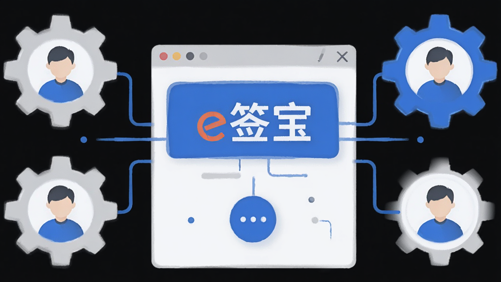 一张现代简约的AI生成插图,主体为e签宝客户端软件界面元素与代表企业管理的齿轮、用户头像图标组合,布局采用中心对称,排版清晰,风格科技蓝与灰色调,细节包含连接线条与圆形按钮,画质干净无多余元素